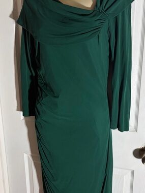Elegant Turn Over Sheath Dress Badgley Mischka Emerald Green Draped Cowl Neck 12
